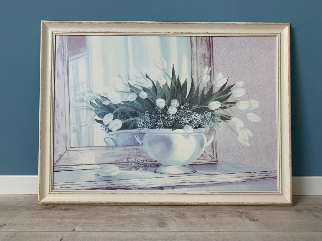 Schilderij bloemen met off white lijst, Ophalen