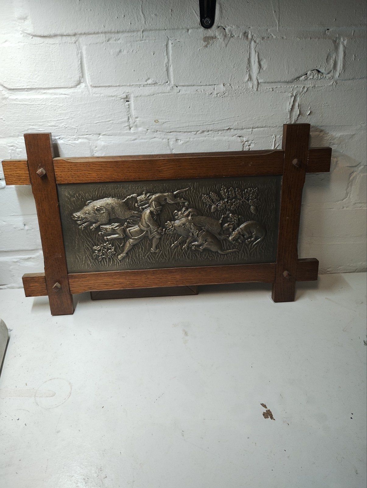 Vintage wanddecoratie: Jachttafereel op hout, Ophalen of Verzenden