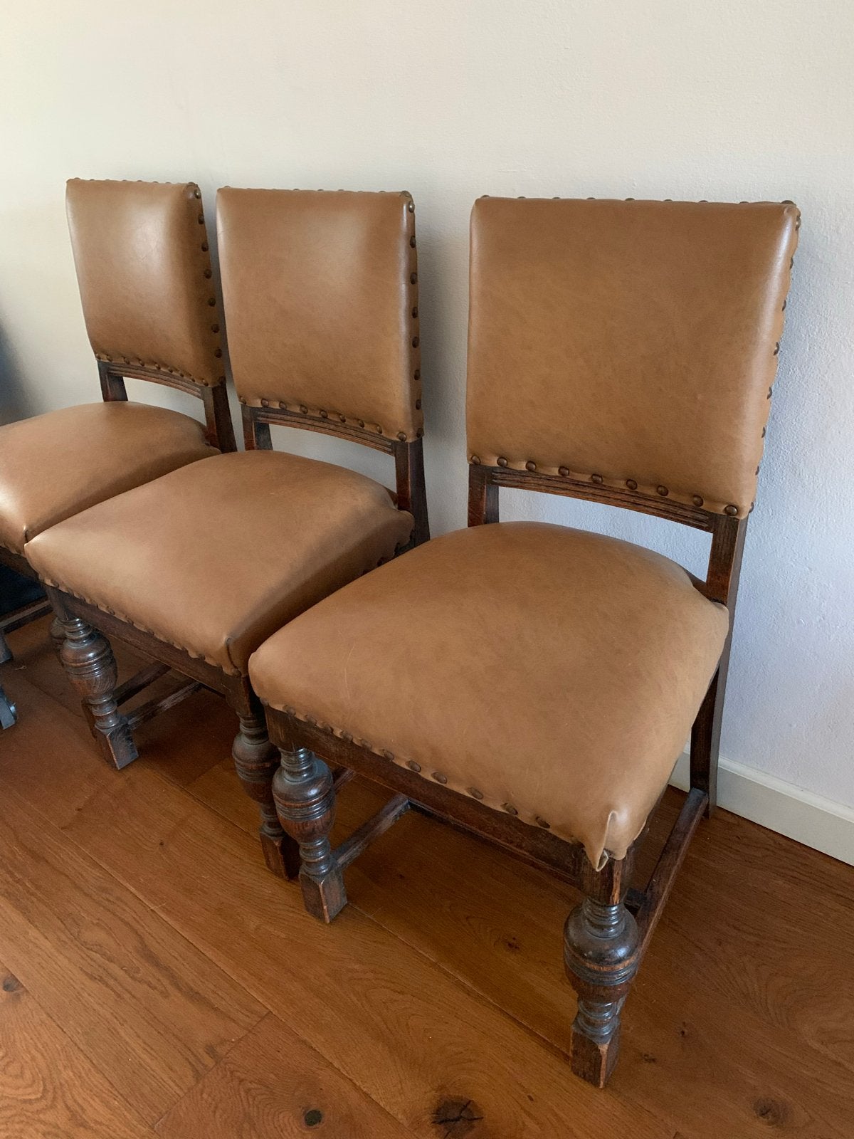 Set van 4 antieke eetkamerstoelen, leer, ca. 1910, Huis en Inrichting, Ophalen, Bruin, Antique, Leer