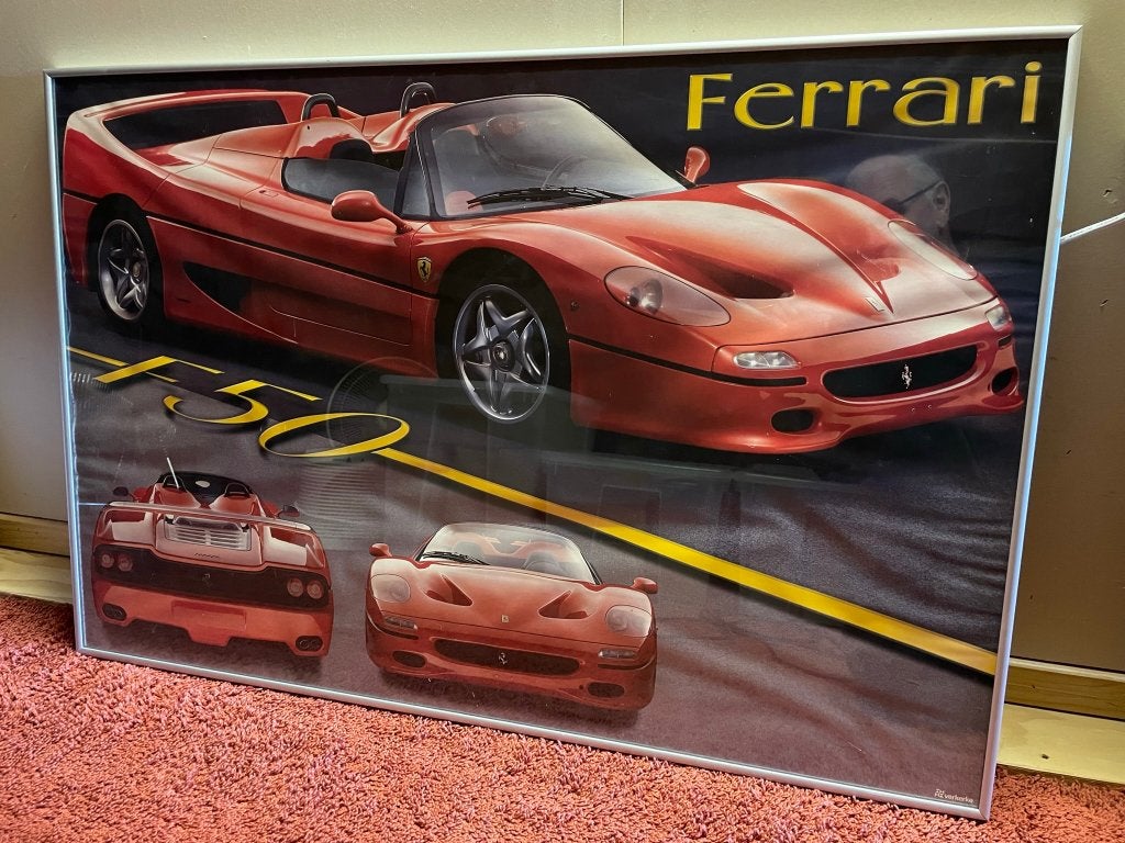 Ferrari F40 en F50 poster in lijst, Verzamelen, Ophalen, Gebruikt, Met lijst, Deurposter of groter