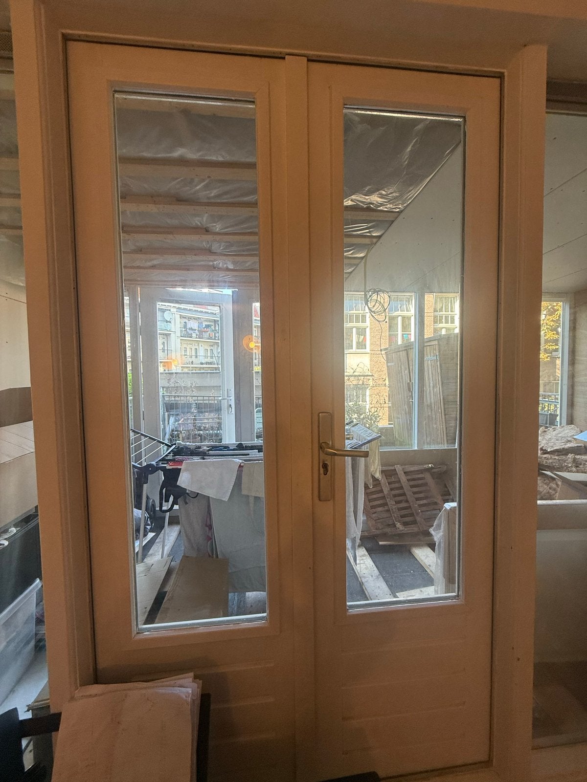 Dubbele glazen met houten deur, Doe-het-zelf en Verbouw, Ophalen, Gebruikt, Minder dan 80 cm, Buitendeur