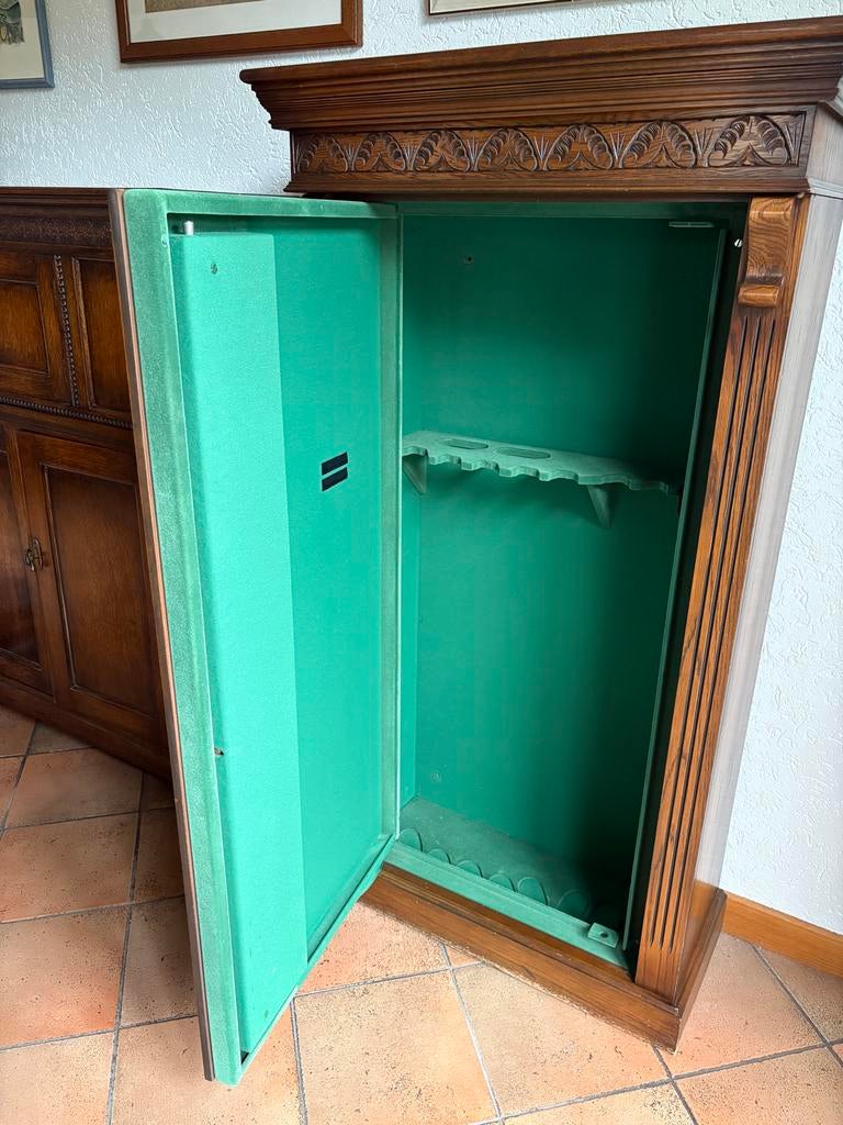 Antieke houten wapenkast met fluwelen interieur, Ophalen, Gebruikt, 50 tot 100 cm, 150 tot 200 cm