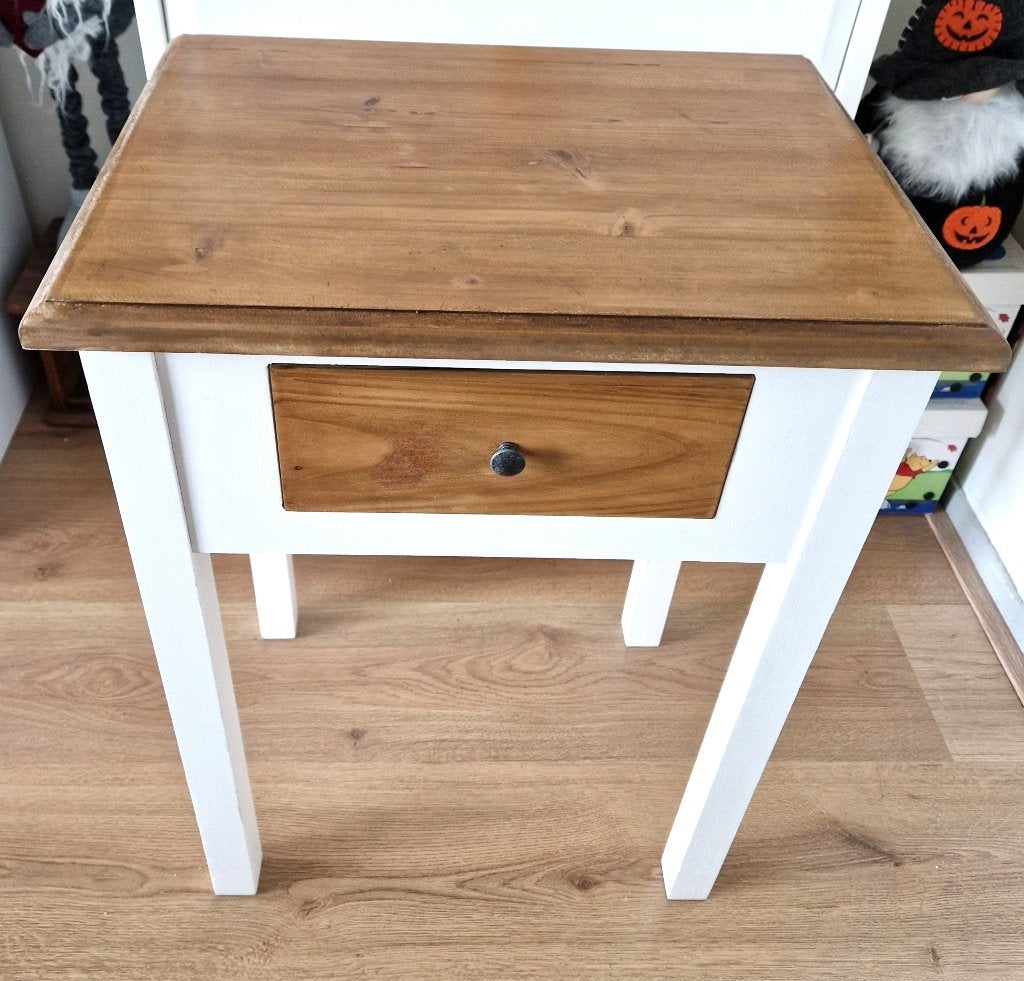 Nachtkastje / bijzettafel wit+hout 1 lade 45 x 34 x h59 cm a, Ophalen, 55 tot 70 cm, Zo goed als nieuw, 45 tot 65 cm