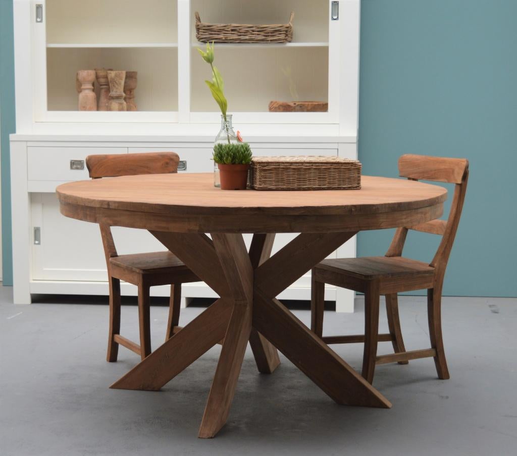 Ronde eettafel met doorleefd teak blad 150 cm