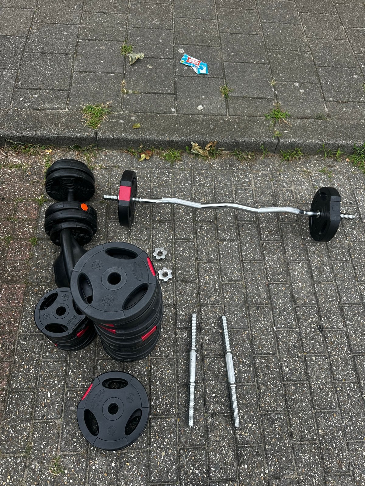 Complete gewichtenset: halters, schijven, kettlebell en stan, Ophalen of Verzenden, Gebruikt, Armen, Halterschijven