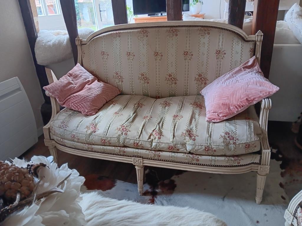 Louis XVI Bankje en 3 stoelen, Jean Baptiste Lelarge, Antiek en Kunst, Antiek | Meubels | Stoelen en Banken, Ophalen of Verzenden