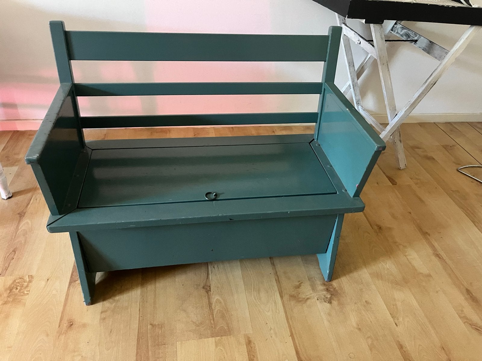 Vintage houten bankje met opbergruimte - Groen, Ophalen, Gebruikt, Minder dan 75 cm, Tweepersoons