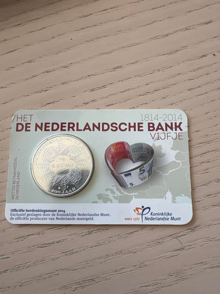 No 1, Nederlandse 5 euro herdenkingsmunt 2014 DNB coincard, Koningin Beatrix, Zilver, Euro's, Ophalen of Verzenden