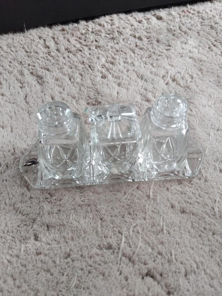Kristal peper zout en mosterd stel met lepeltje prijs €20, Ophalen of Verzenden