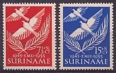 Suriname NVPH nr 321/2 postfris 10 jaar bevrijding 1955, Ophalen of Verzenden, Postfris