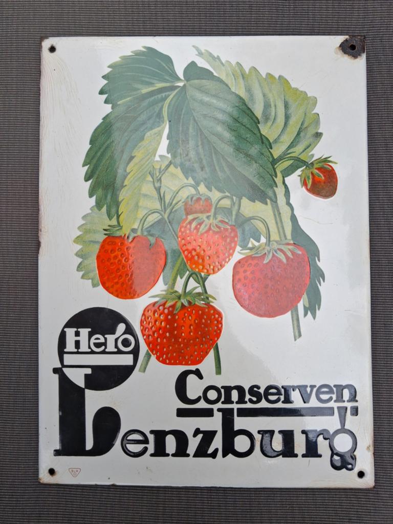 Prachtig oud emaille reclamebord Hero Conserven Lenzburg, Antiek en Kunst, Antiek | Emaille, Ophalen of Verzenden