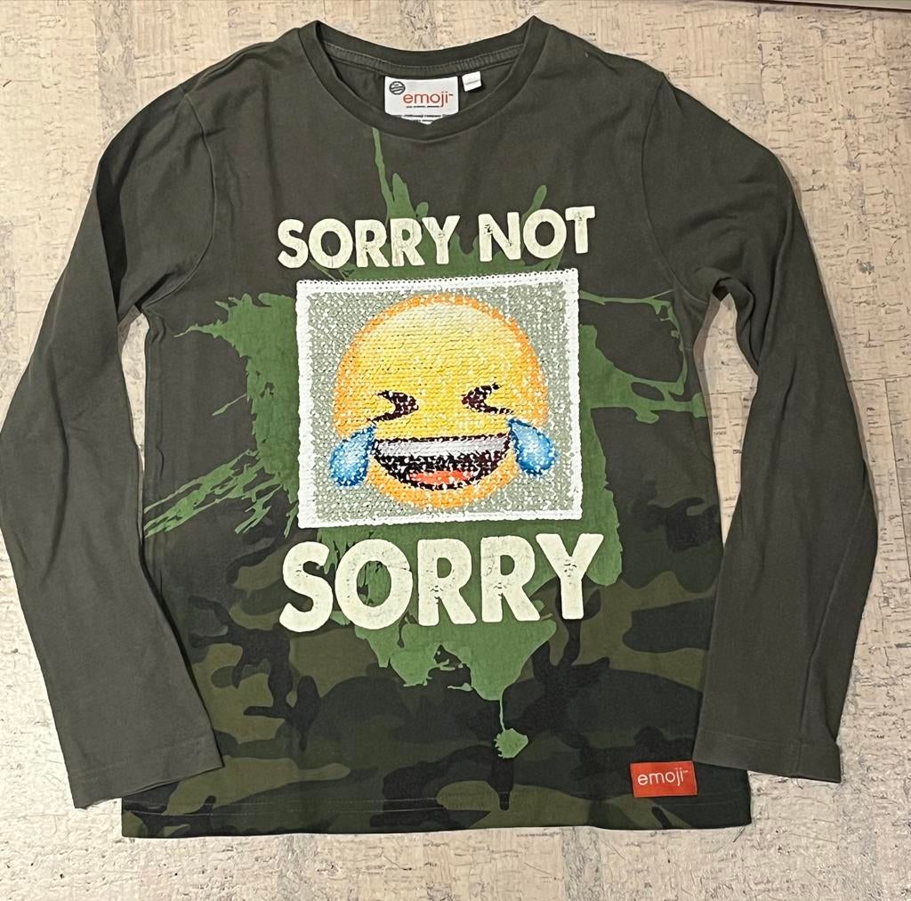 Emoji shirt omkeerbare pailletten Sorry Not Sorry - 122/128, Ophalen of Verzenden, Gebruikt, Jongen, Shirt of Longsleeve