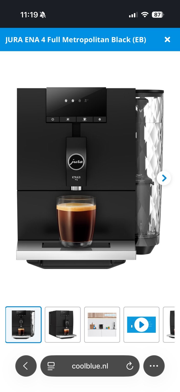 JURA ENA 4 Full Metropolitan Black (EB), Ophalen, Afneembaar waterreservoir, Koffiebonen, Koffiemachine