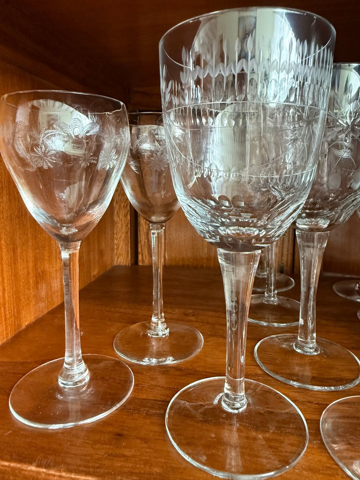 Antieke gegrafeerde glaasjes: likeur, port, wijn, limona, Ophalen of Verzenden