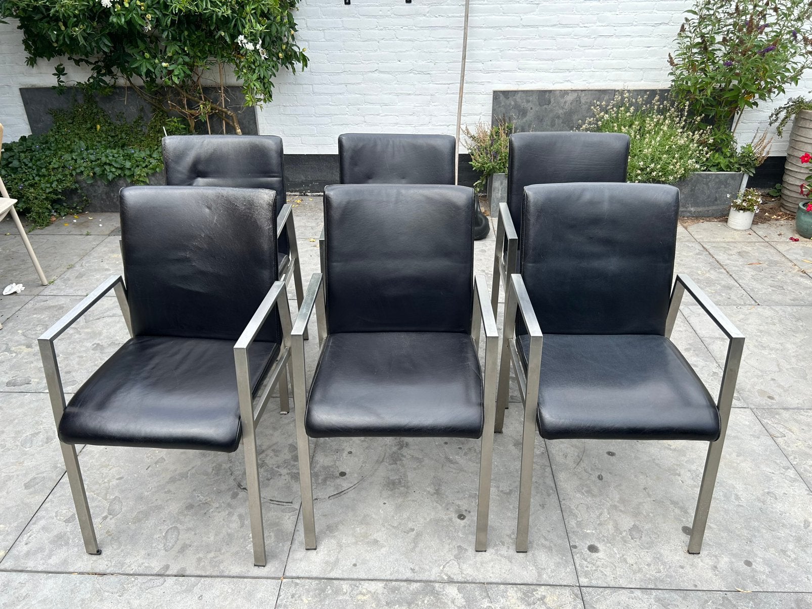 6 Goossens Leren Eetkamerstoelen – Echt Leer RVS Stapelbaar, Ophalen, Zwart, Leer, Zo goed als nieuw