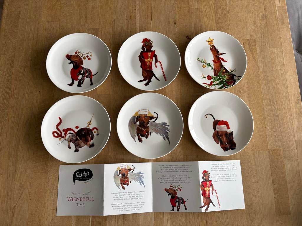 Bordy's Teckel Kerst Ontbijtbordjes - Set van 6, Huis en Inrichting, Nieuw, Ophalen of Verzenden, Bord(en), Overige stijlen
