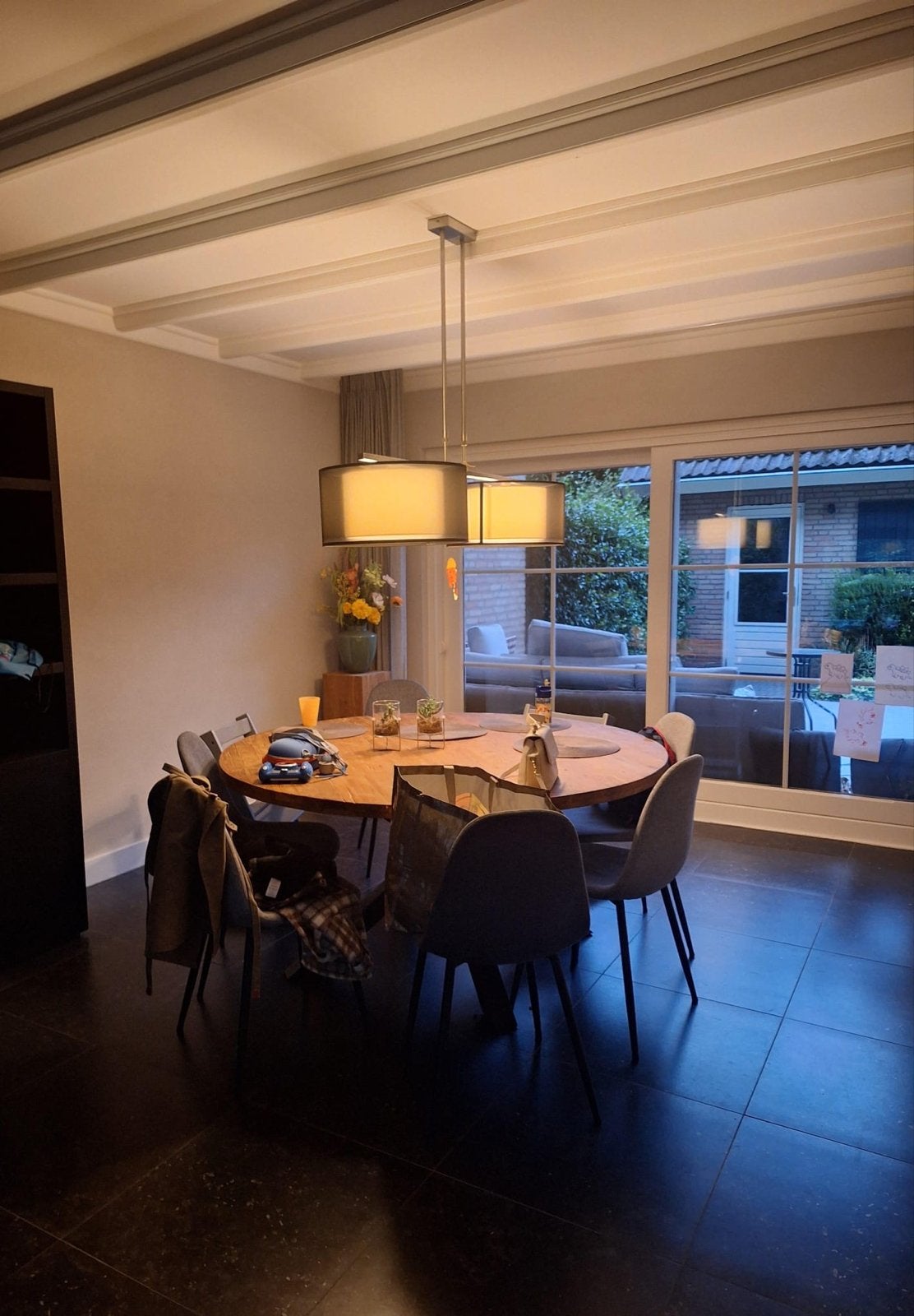 Moderne hanglamp met twee stoffen kappen, Ophalen, Gebruikt, Metaal, E27 (groot)