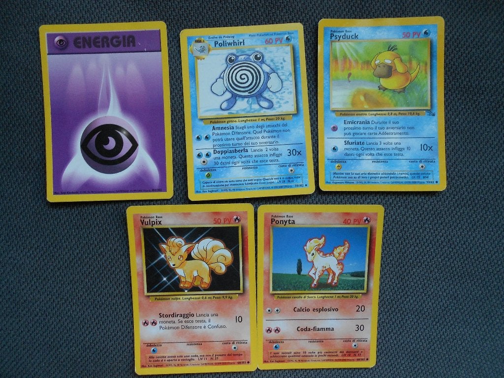 5 pokémon kaartjes italiaans poliwhirl vulpix ponyta psyduc, Ophalen, Gebruikt, Meerdere kaarten