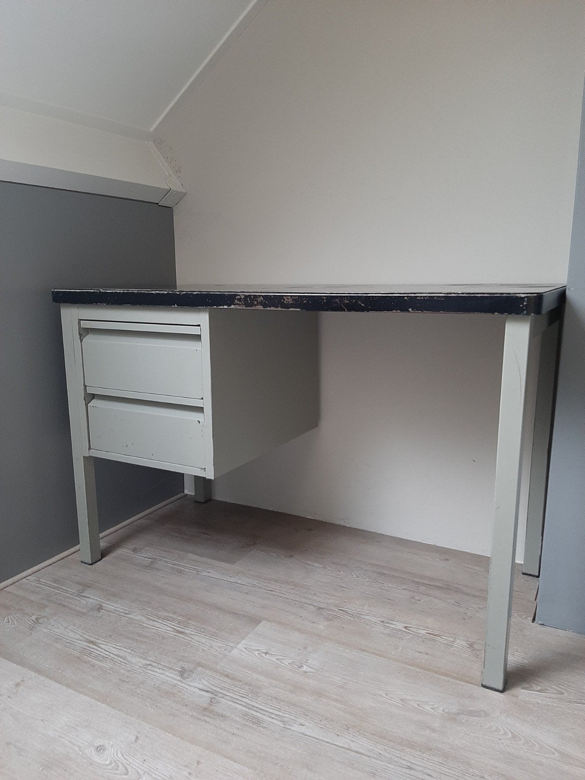 Stalen bureau vintage/industrieel, Ophalen, Gebruikt, 120 cm, Met lades
