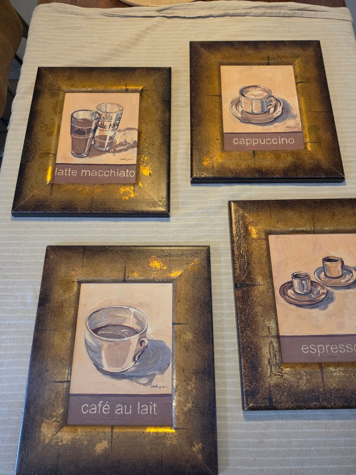 4 Schilderijtjes met Koffie Afbeeldingen in Houten Lijst, Antiek en Kunst, Kunst | Schilderijen | Klassiek, Paneel, Overige stijlen