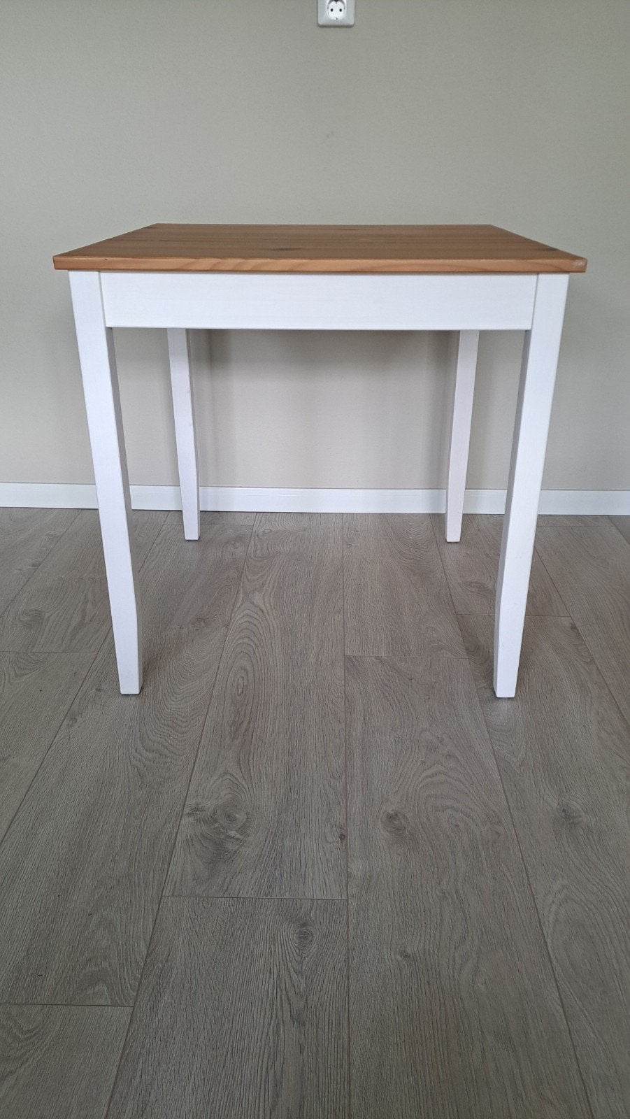 Houten eettafel wit met bruin blad, Ophalen, Gebruikt, 50 tot 100 cm, Vierkant
