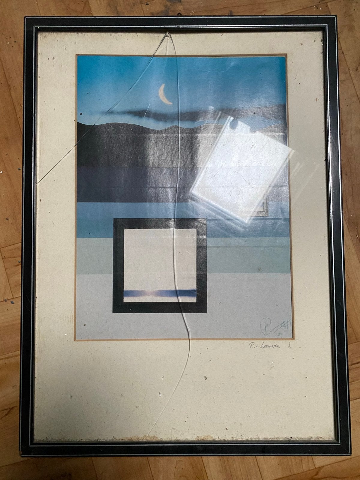 Gesigneerd Kunstwerk: Abstract Landschap met Maan, Antiek en Kunst, Kunst | Schilderijen | Abstract, Ophalen of Verzenden