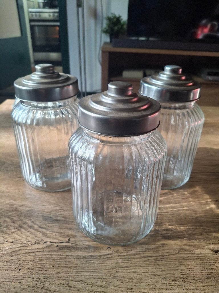 3 Glazen potten met draaideksel, Met deksel, Pot, Bus of Blik, Ophalen of Verzenden, Glas