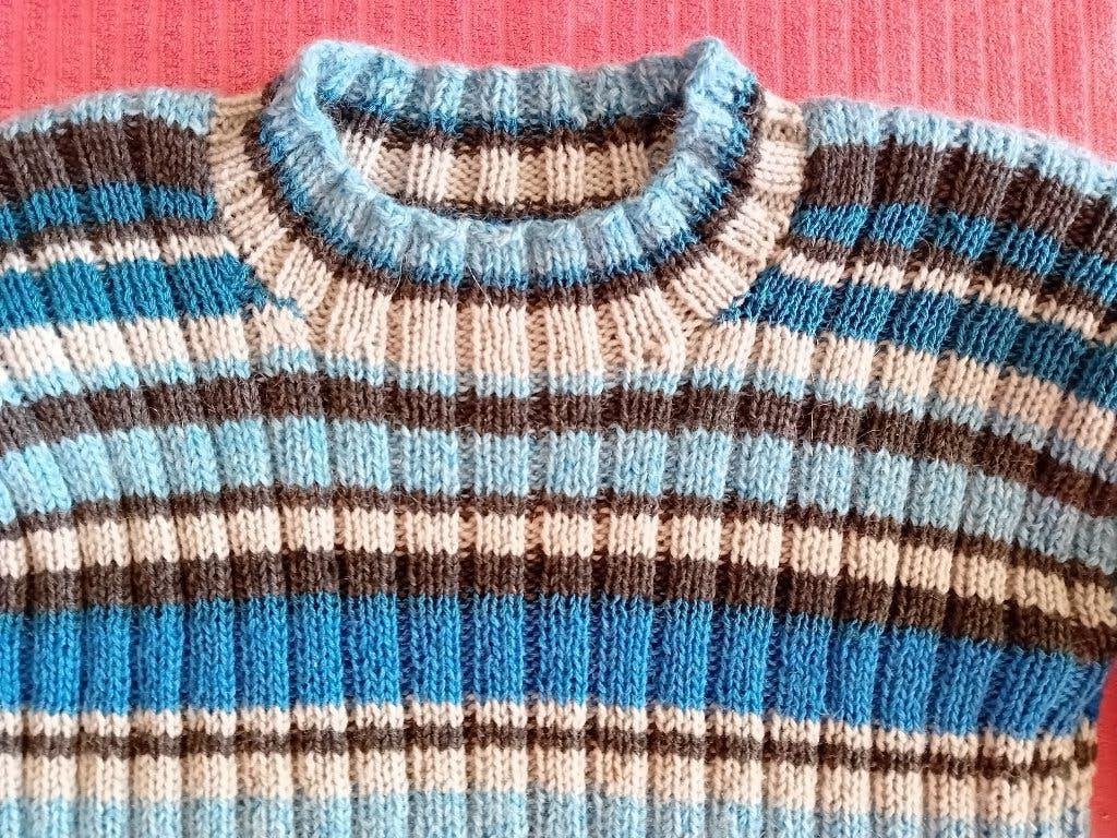Handgebreide blauw/ grijs gestreepte trui S M 34 36 38, Maat 38/40 (M), Meerkleurig, Ophalen of Verzenden, Handgebreid