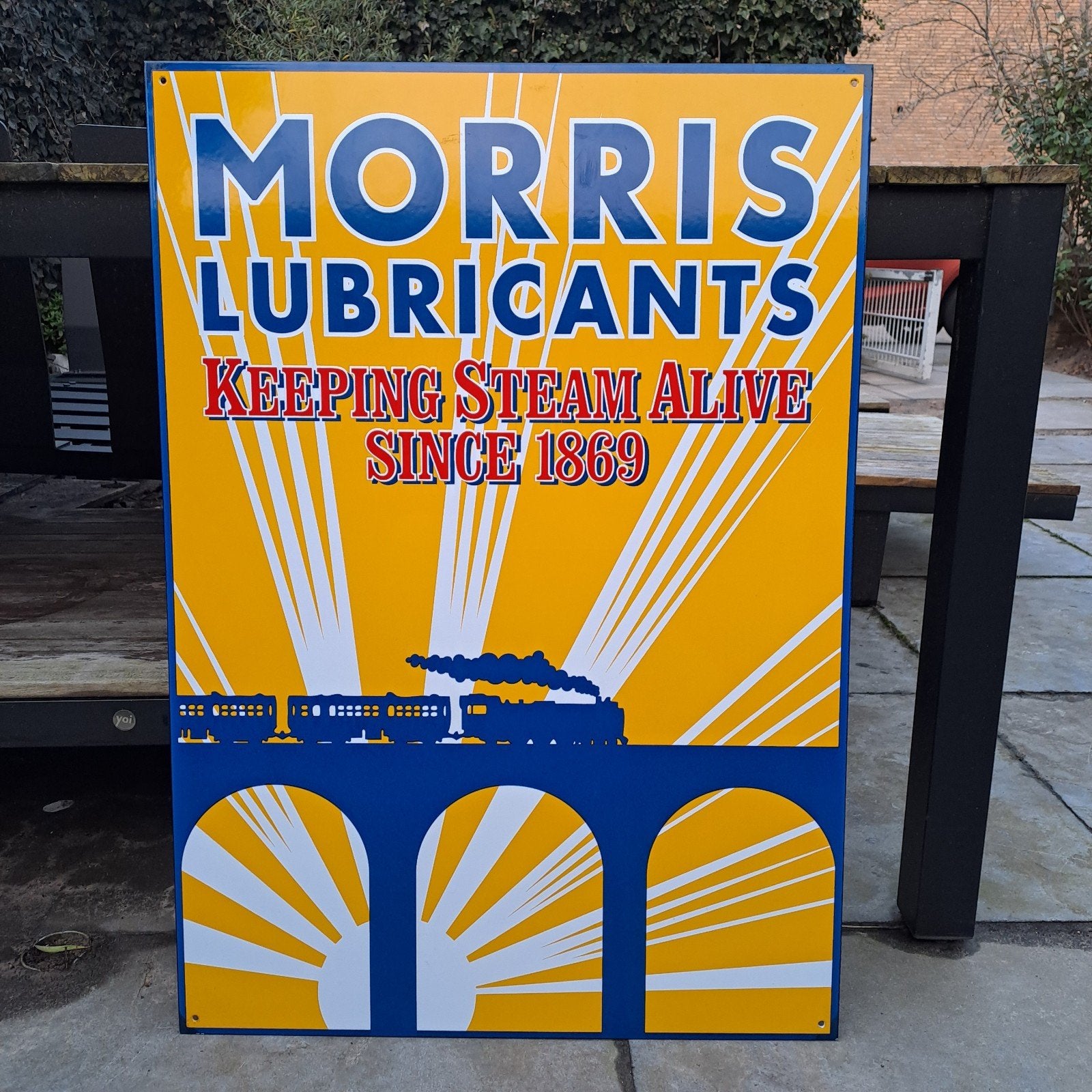 morris lubricants emaille reclamebord - smeermiddelen trein, Ophalen of Verzenden, Zo goed als nieuw, Reclamebord