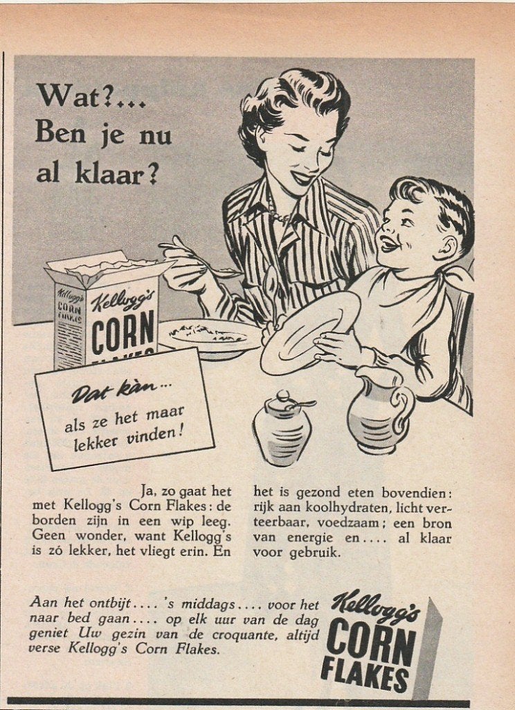 Retro reclame 1953 Kellogg's cornflakes hij is al klaar, Verzamelen, Verzenden, Overige typen