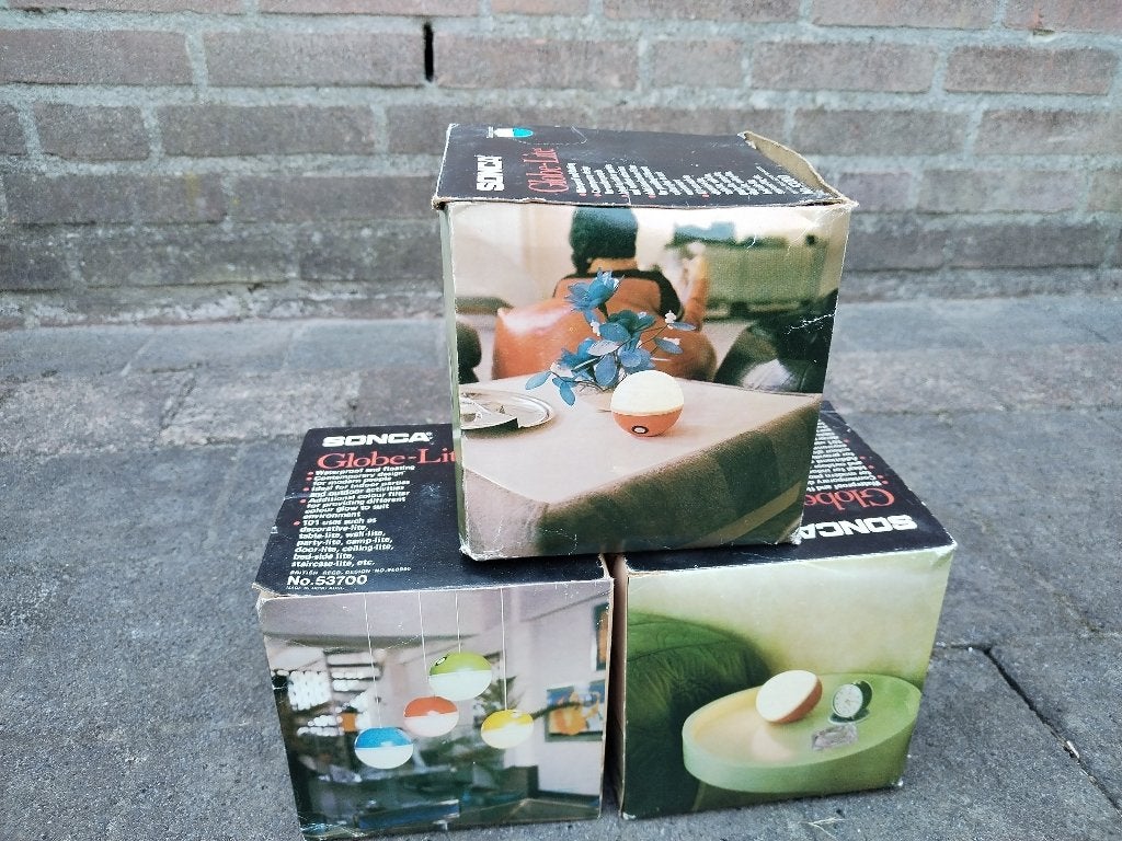 3x vintage SONCA Globe-Lite lamp – in originele doos, Overige merken, Kunststof, Zo goed als nieuw, Vintage