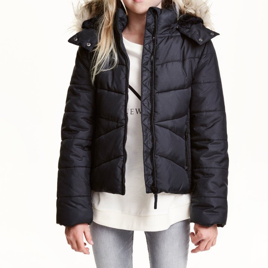 H&M zwarte gewatteerd winterjas jas jack met capuchon mt 164, Kinderen en Baby's, Meisje, H&M, Nieuw, Ophalen of Verzenden