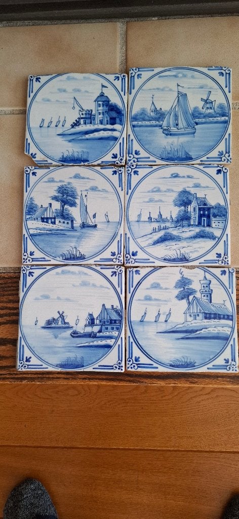 6 oude Delfts blauwe schouwtegels 13x13 cm, Ophalen