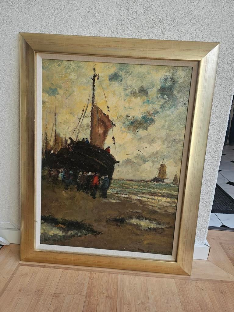 Maurice de Mayer - Bomschuit aan het strand (Olieverf), Antiek en Kunst, Ophalen of Verzenden