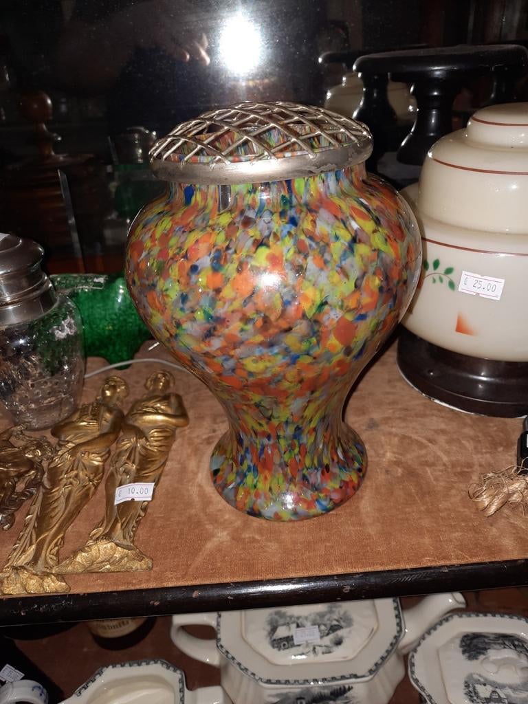 Vintage gespikkelde vaas met bloemrooster, Ophalen of Verzenden