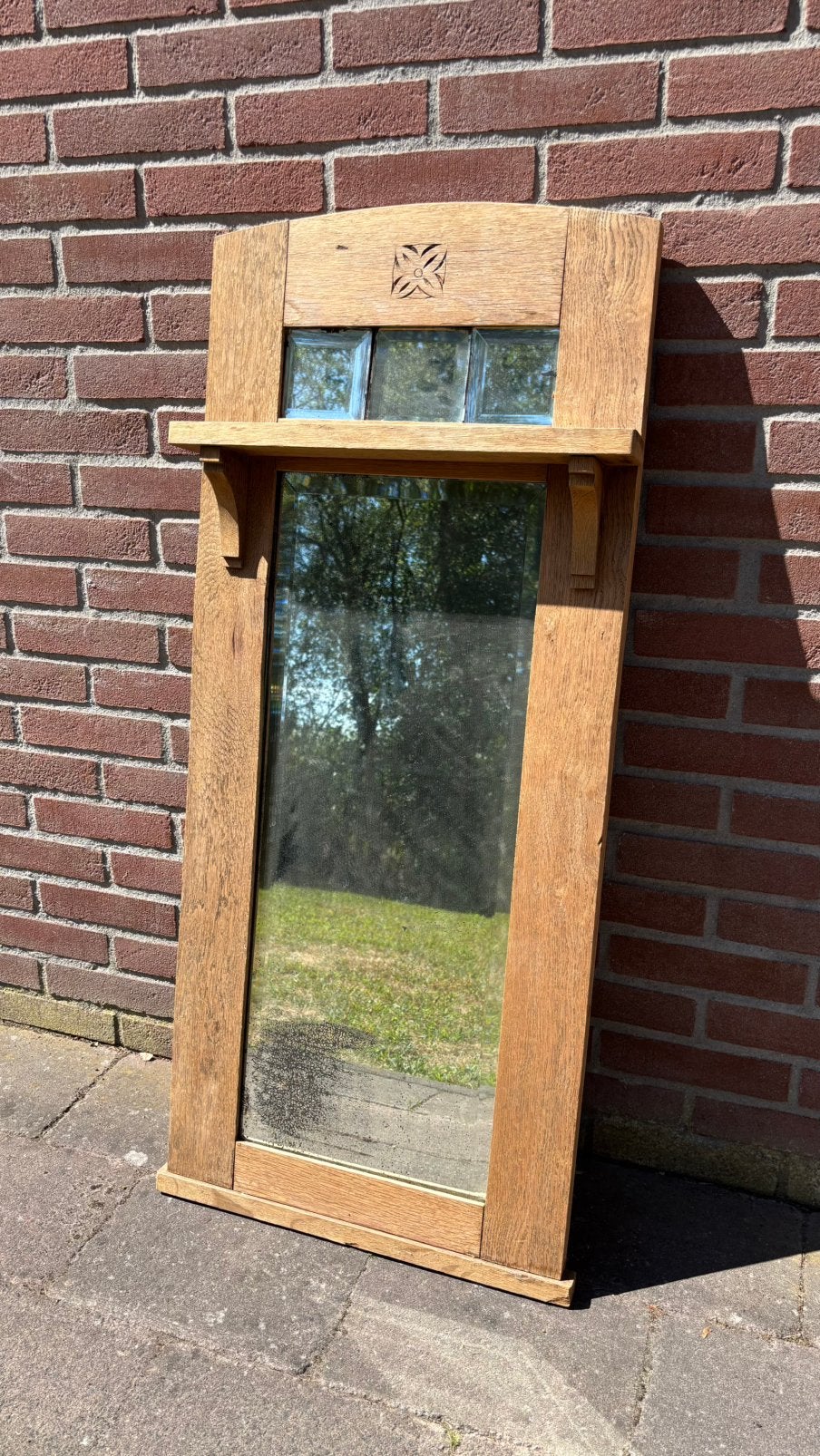 Vintage houten spiegel – brocante / landelijk – 46,5x108 cm, Ophalen, Rechthoekig, Minder dan 50 cm, 100 tot 150 cm