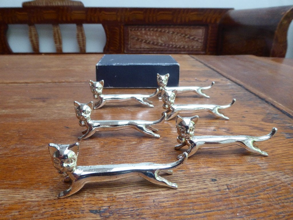 6 verzilverde messenleggers, model kat – poes(2), Ophalen of Verzenden