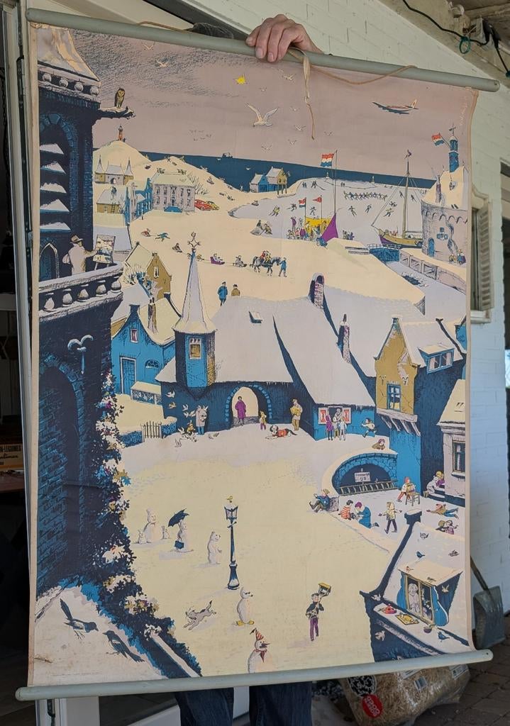2 Vertelplaten Kustdorp: Winter & Zomer op Rol, Antiek en Kunst, Antiek | Schoolplaten, Ophalen of Verzenden