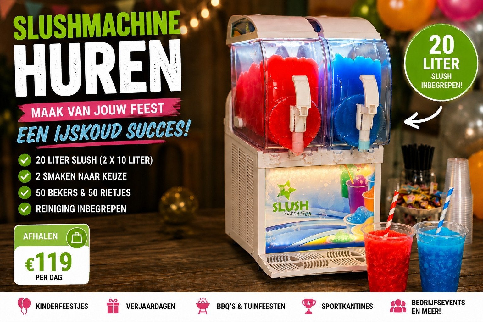 SLUSHMACHINE HUREN  | 20 LITER SLUSH INBEGREPEN |FEESTJE, Ophalen of Verzenden, Verjaardag