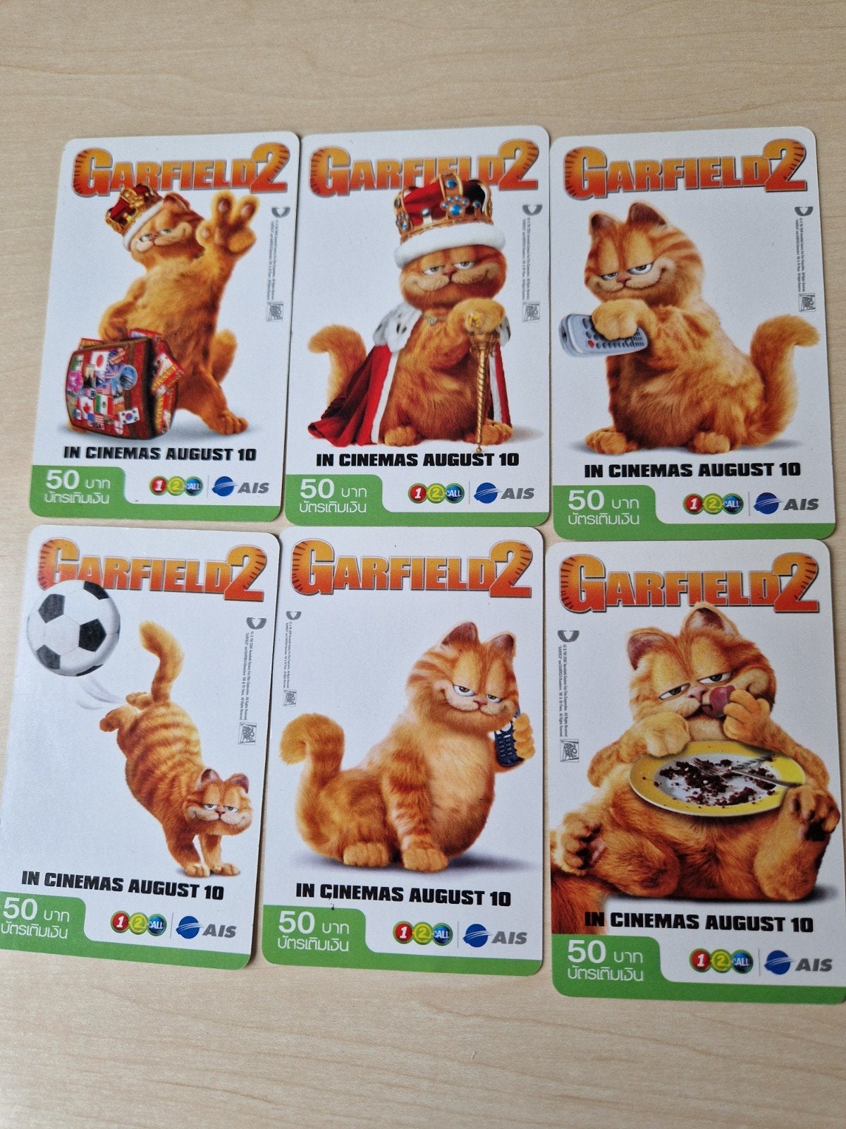 6 telefoonkaarten Garfield prepaidkaarten van Thailand, Ophalen of Verzenden