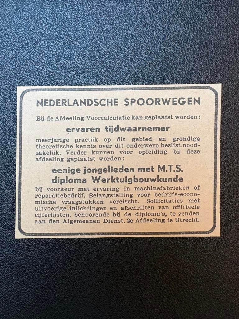 Oude vacature NS ‘Ervaren tijdwaarnemer’ (1945), Verzamelen, Ophalen of Verzenden, Gebruikt, Trein