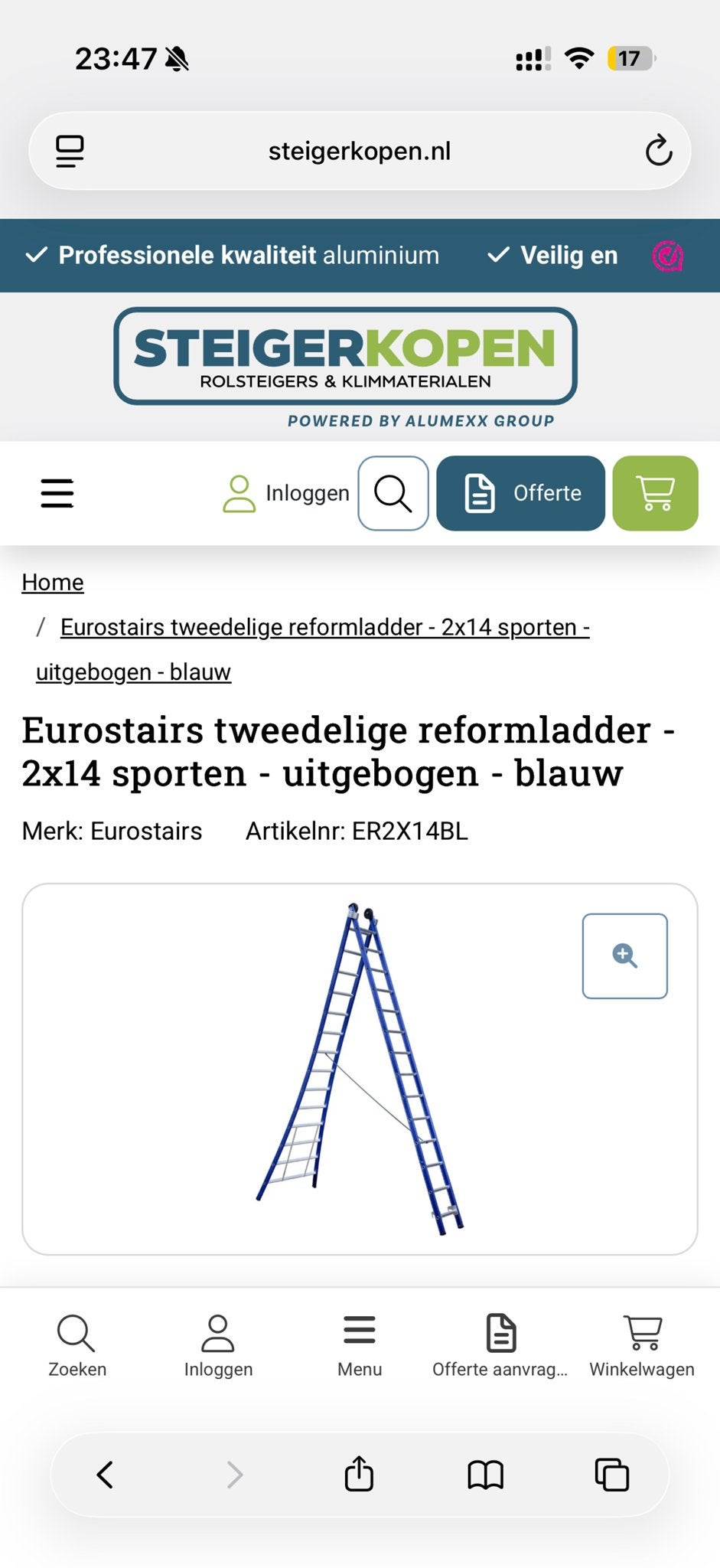Eurostairs Tweedelige Reformladder 2x14 Sporten - Uitgebogen, Ophalen, Nieuw, Ladder, Opvouwbaar of Inschuifbaar