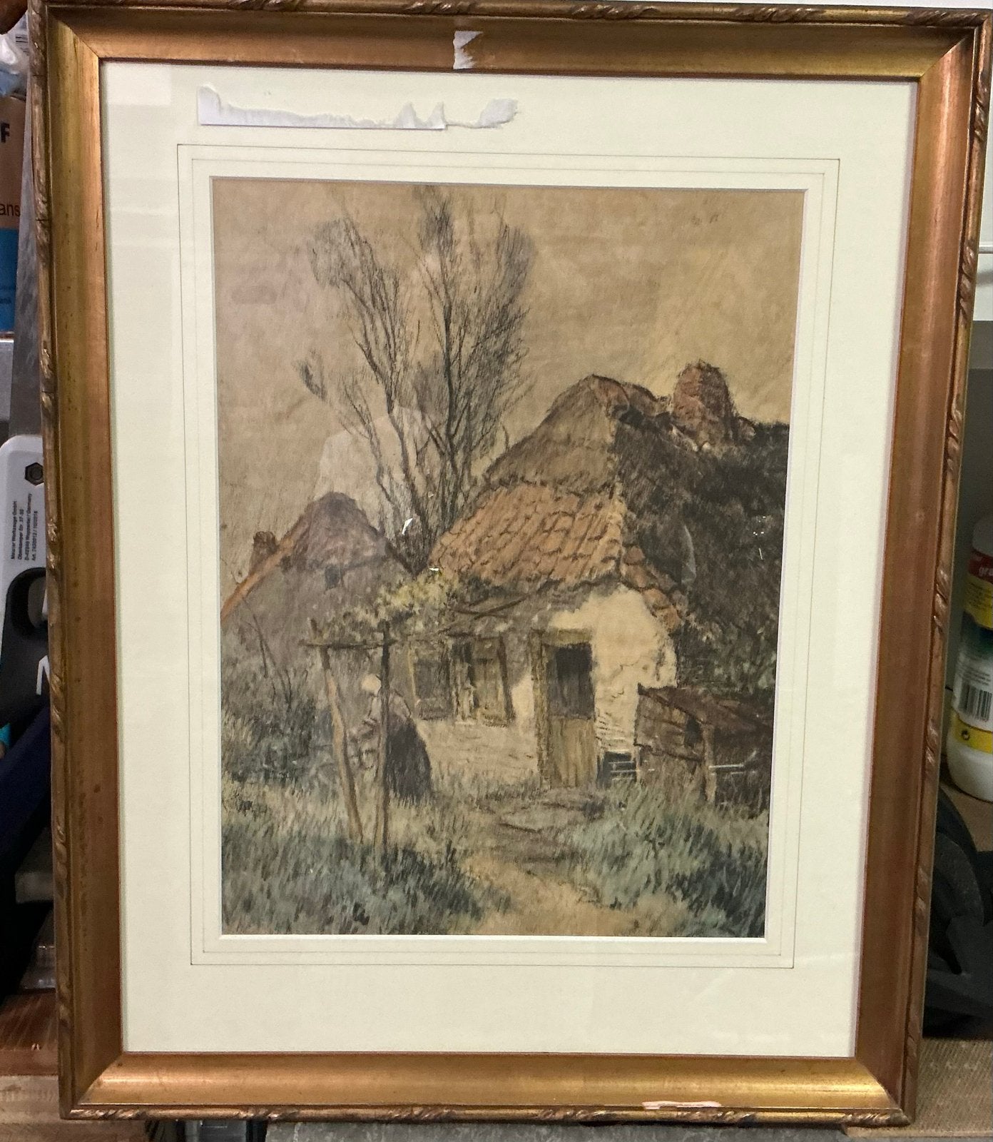 Oude boerderij in landschap - ingelijste tekening, Antiek en Kunst, Ophalen of Verzenden, Tekening, Gemengde techniek, Achter glas