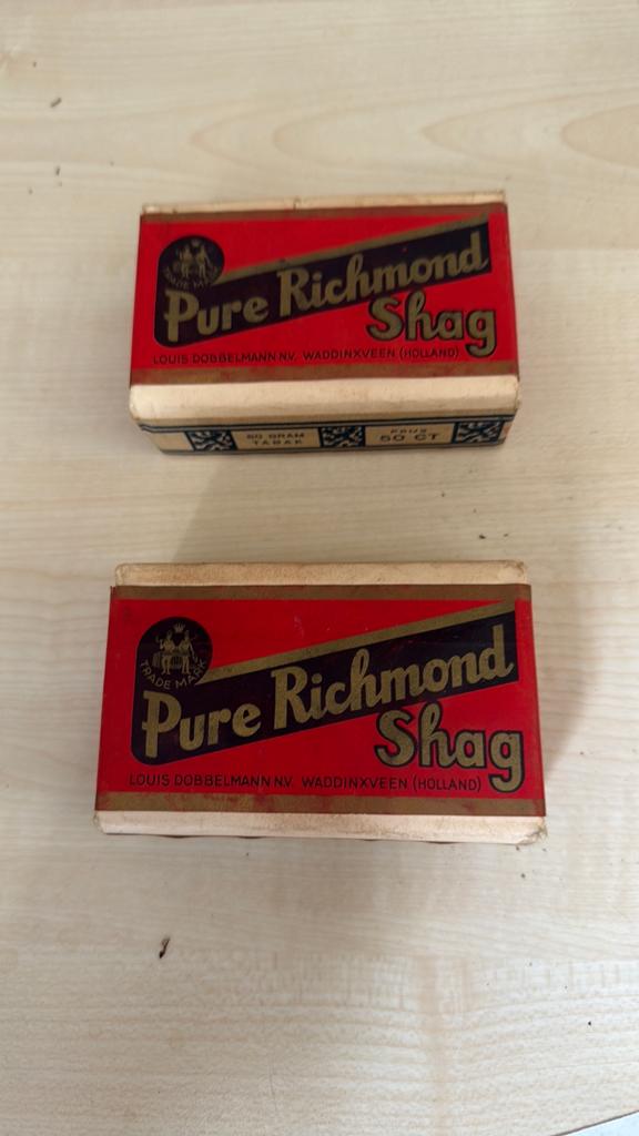 Vintage Pure Richmond Shag Tabaksdozen (2 stuks), Ophalen of Verzenden, Gebruikt, Tabaksdoos of Verpakking