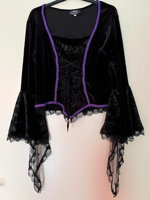 gothic top zwart paars Black Widow L velours kant vleermuis, Zwart, Maat 42/44 (L), Ophalen of Verzenden, Zo goed als nieuw
