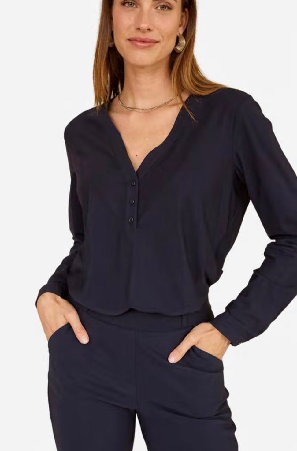 Studio anneloes evi blouse L donkerblauw travelstof, Blauw, Maat 42/44 (L), Ophalen of Verzenden, Zo goed als nieuw