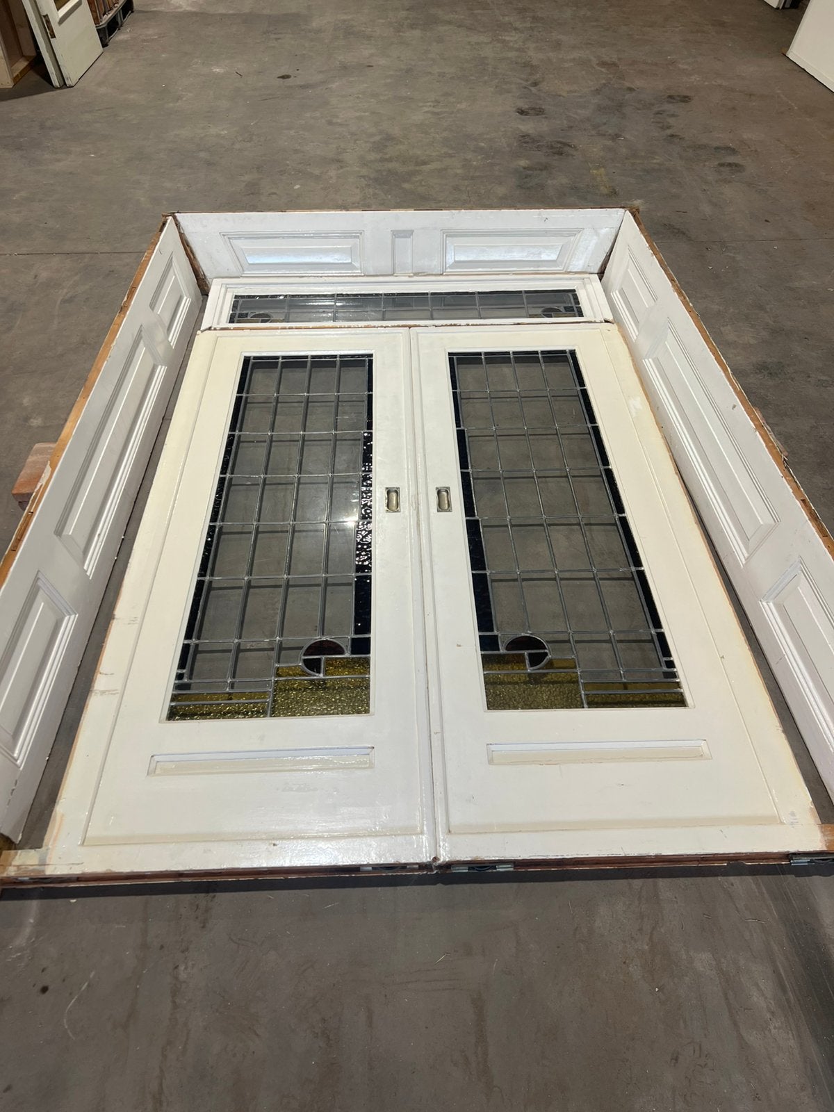 Antieke ensuite schuifdeuren glas in lood COMPLEET!, 120 cm of meer, Binnendeur, Ophalen of Verzenden, 200 tot 215 cm