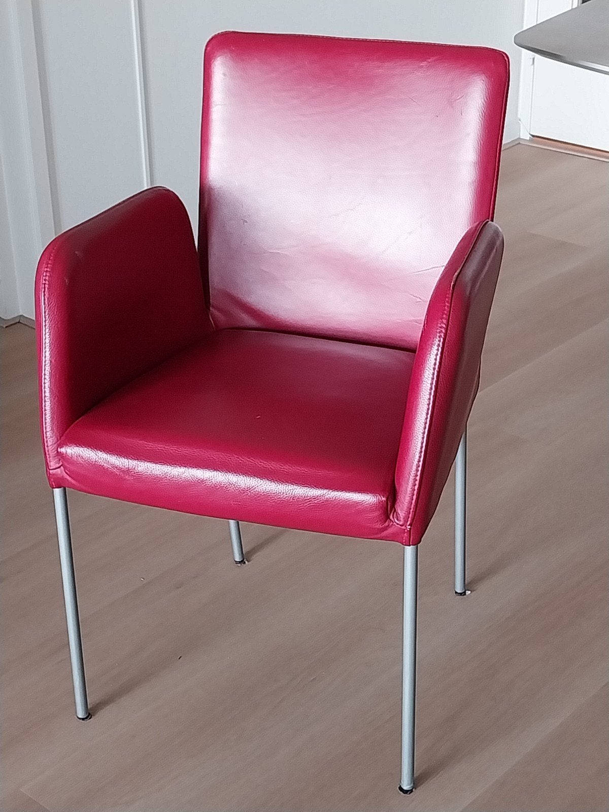Rood leren eetkamer stoelen, 4 stuks, Huis en Inrichting, Ophalen, Leer, Zo goed als nieuw, Vier