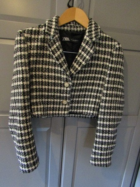 G884 Zara mt S jasje tweed zwart wit cropped military, Verzenden, Zo goed als nieuw, Jasje, Maat 36 (S)