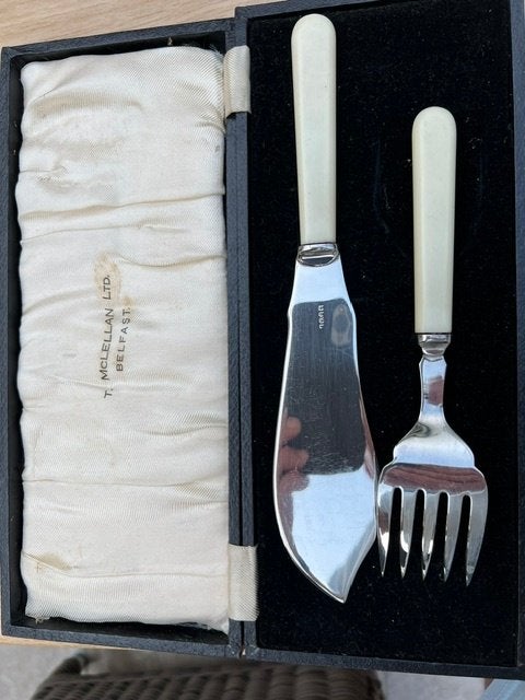 vintage vis messen sets, Overige materialen, Gebruikt, Bestekset, Ophalen of Verzenden